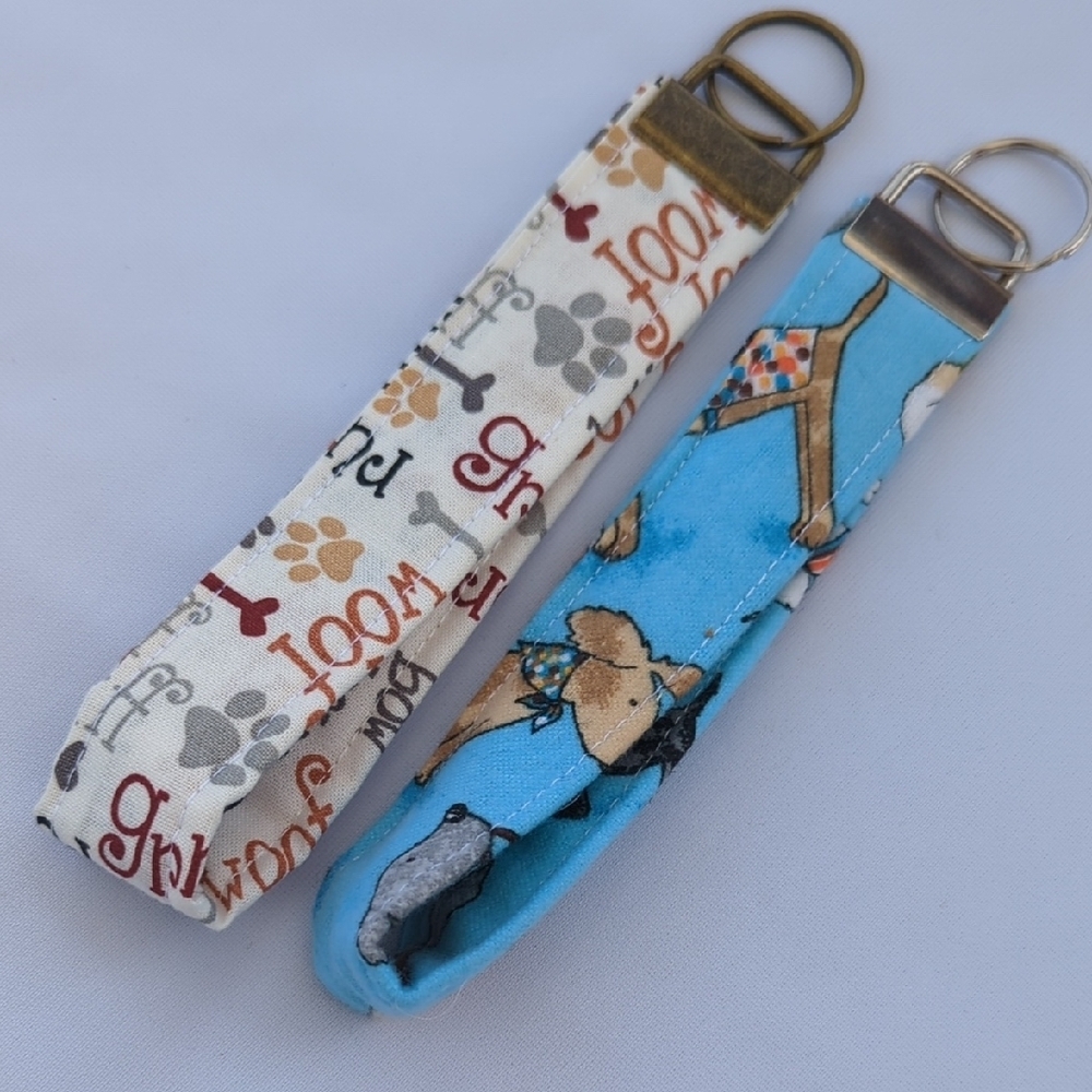 Handmade Cream & Blue Dog Print Wristlet Key Fobs - Set of 2